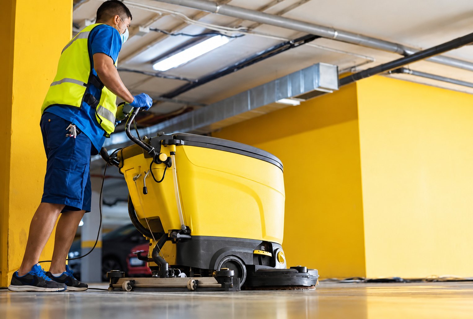Un agent de nettoyage en gilet jaune fluo et masque conduit une autolaveuse jaune sur le sol d'un parking souterrain aux murs jaunes.
