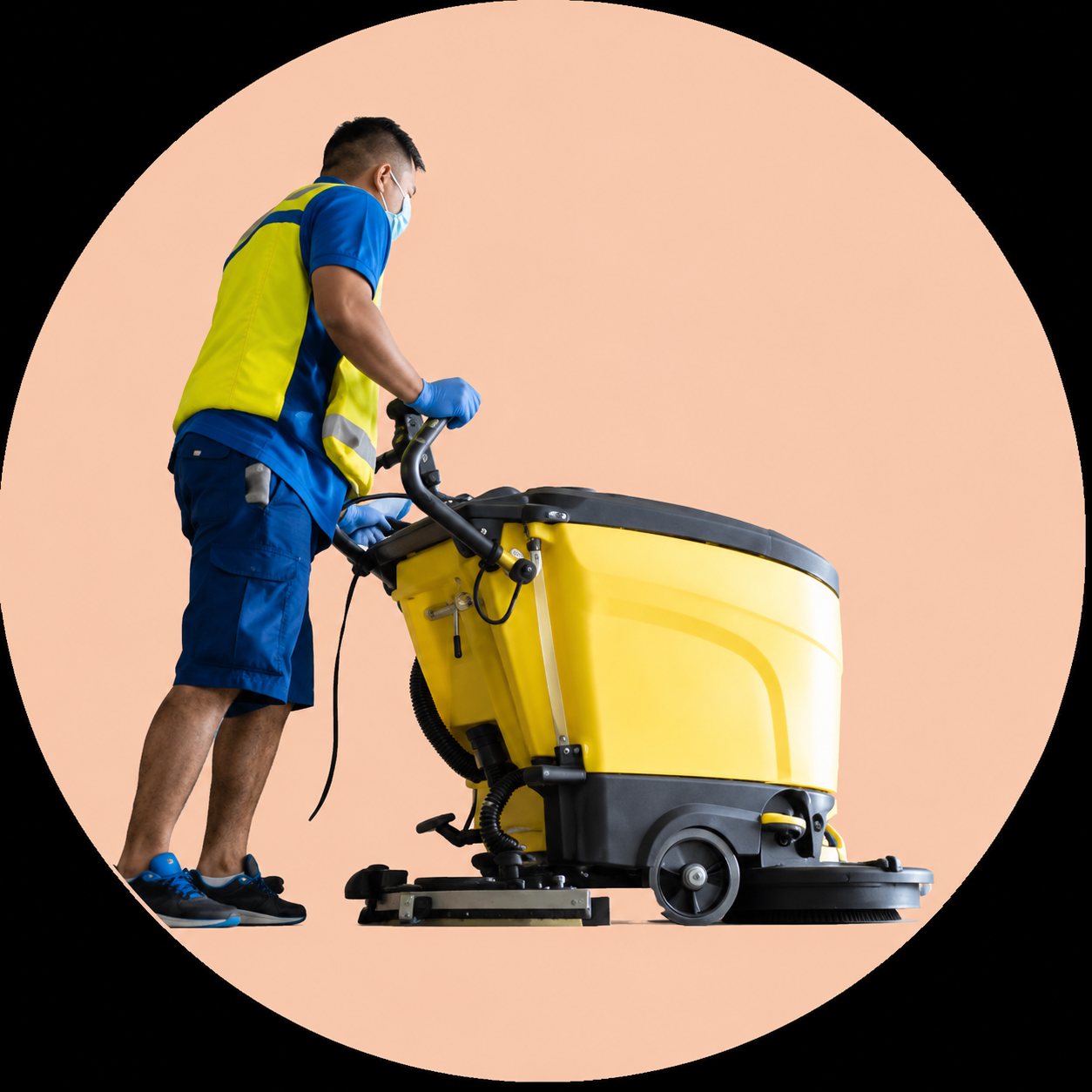 Un agent de nettoyage en tenue jaune et bleue manœuvre une autolaveuse jaune, sur un fond rond de couleur pêche.