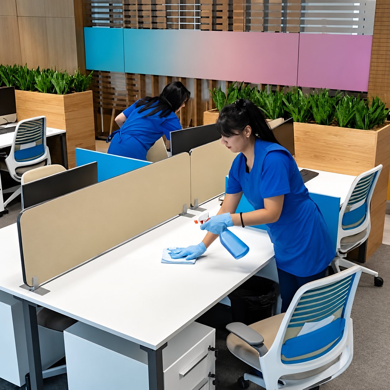 Deux agentes d'entretien en blouse bleue et gants nettoient et désinfectent des bureaux partagés dans un open space moderne avec des jardinières de plantes vertes.
