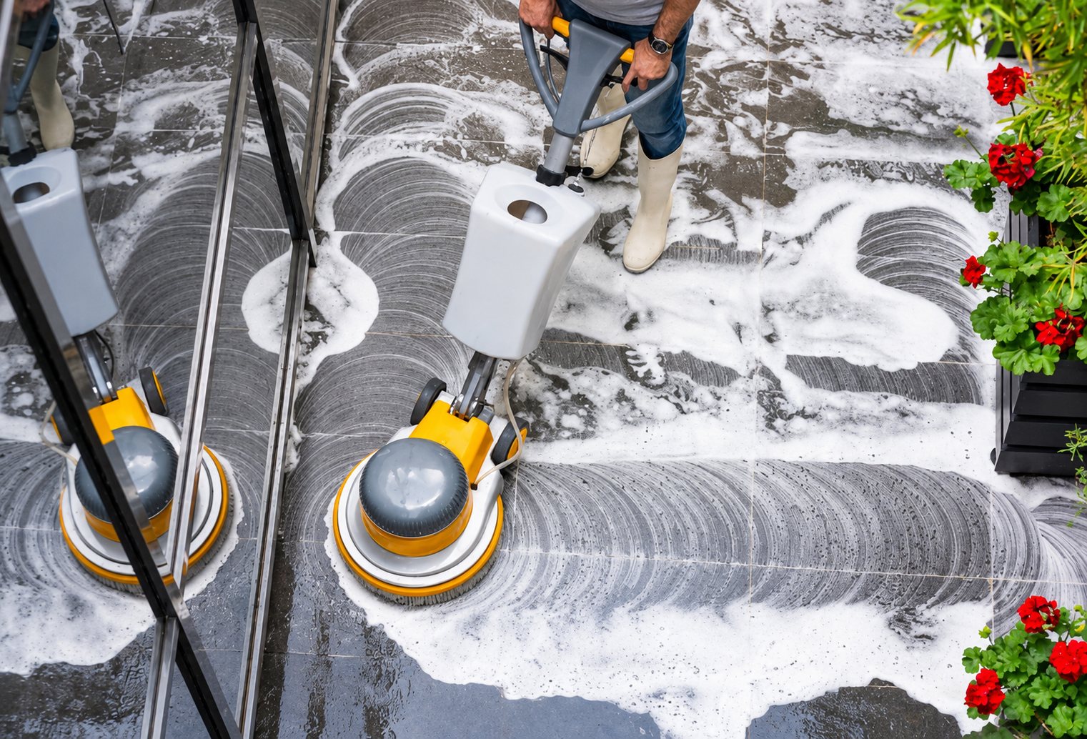 Un opérateur nettoie un sol en dalles sombres avec une monobrosse jaune qui laisse de la mousse blanche, près de pots de géraniums rouges.