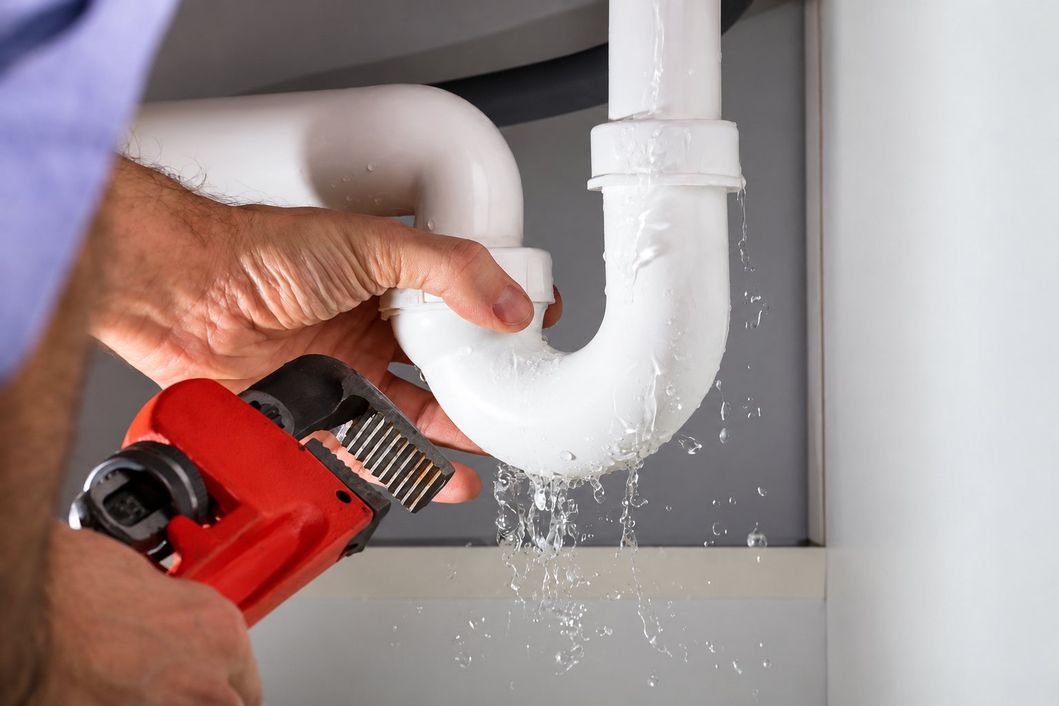 Les mains d'un plombier serrent un siphon blanc qui fuit avec une clé à molette rouge, de l'eau s'écoulant du tuyau.