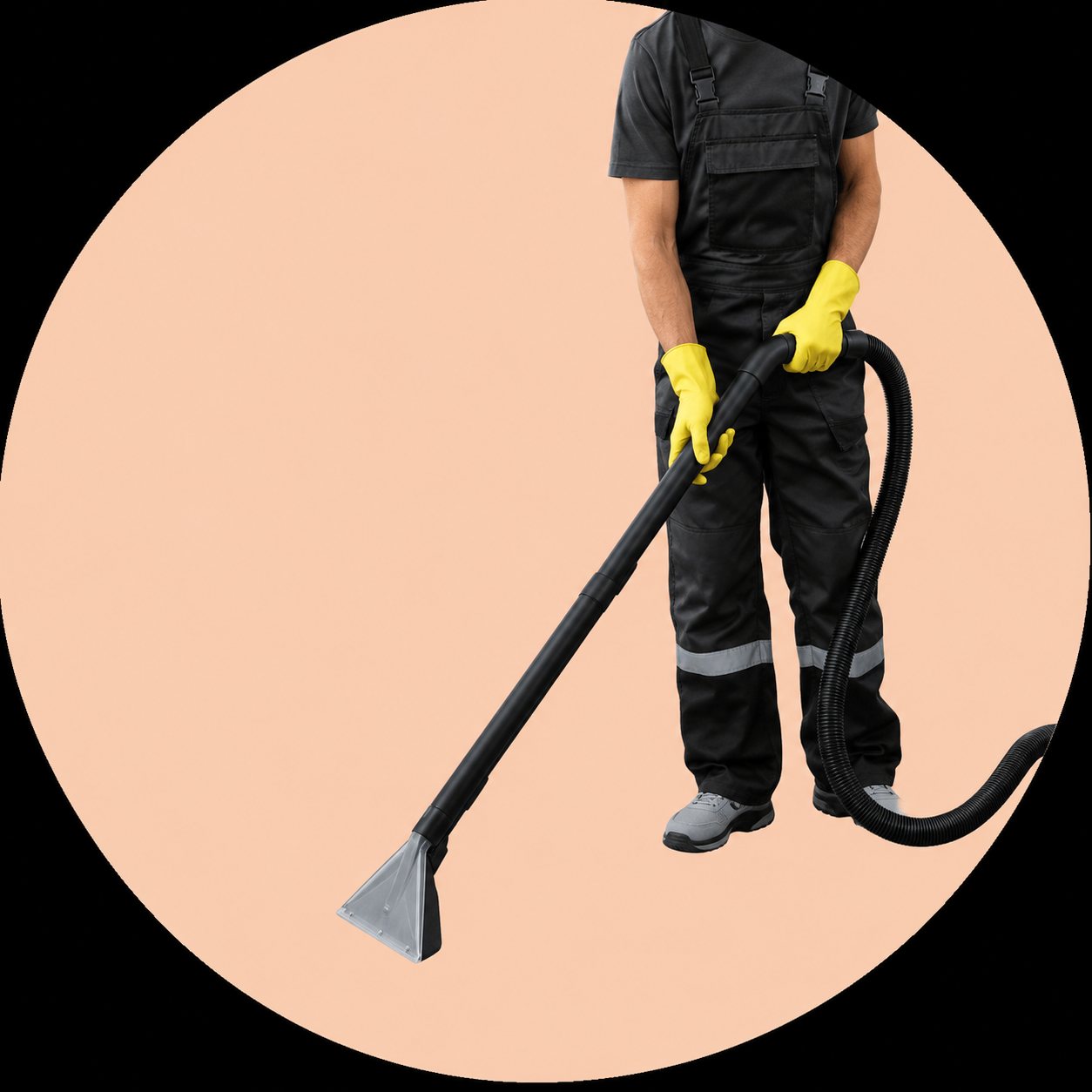 Un technicien en tenue sombre et gants jaunes manie une longue lance d'aspiration pour nettoyer un sol, sur un fond rond couleur pêche.